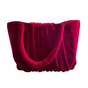 Red Velvet Vintage Handbag Tote Pleated Ruched Structured Cottagecore Feminine